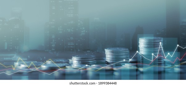 Financial investment concept, Double exposure of city night and stack of coins for finance investor, Forex trading candlestick chart economic, ECN Digital economy, business, money, passive income. - Shutterstock ID 1899384448