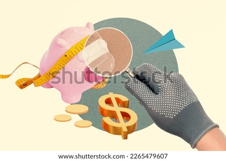 Financial and liquidity investigator's hand. Use a magnifying glass to look at a pink piggy bank.Abstract art collage.