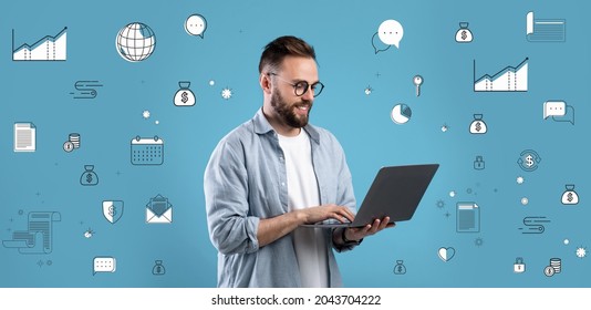 Financial Literacy, Economic Education, Money Savings Concept. Young Caucasian Man With Laptop Using Online Banking Service, Taking Educational Investments Course, Blue Background With Pictograms