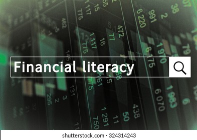 Financial Literacy Written In Search Bar With The Financial Data Visible In The Background. Multiple Exposure Photo.