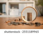 financial, loan, economic, stock, finance, wealth, investment, tax, savings, inflation. A magnifying glass is used to look at a pile of coins.