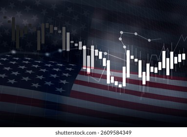Financial market chart with candlestick patterns overlaid on a USA flag background.  American market trends, stock trading, investment,  U.S. economic presentation concepts.