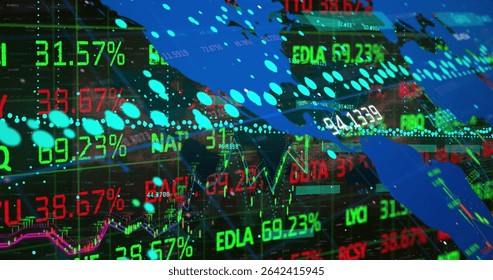 Financial market graph tracing line charts in trading dashboard, with map overlay and neon percents. Finance, analytics, technology, digital, investment, data, market