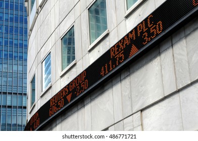 Financial Market Tickertape Board Outside City Of London Building