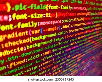 Financial, money, global finance, stock market background. Business graph background. Text with nucleobases. Red binary code computer language data transfers. Colorful code background.