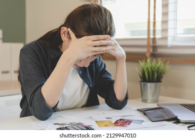 Financial Owe Asian Woman Sitting  Cover Face With Hands, Stressed By Calculate Expense From Invoice Or Bill, Have No Money To Pay, Mortgage Or Loan. Debt, Bankruptcy Or Bankrupt Concept.