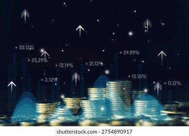 Financial performance analytics concept with stacked coins and percentage growth data showing investment return, economic indicators, business performance, and market statistics in modern finance.