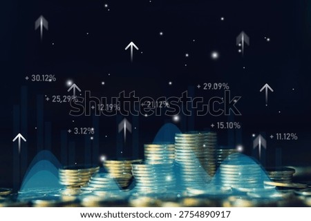 Financial performance analytics concept with stacked coins and percentage growth data showing investment return, economic indicators, business performance, and market statistics in modern finance.