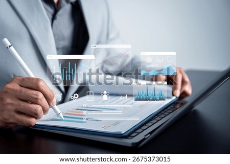 Financial planning and data analysis with graph charts and analytics interface, profit budget strategy, report, and forecasting.