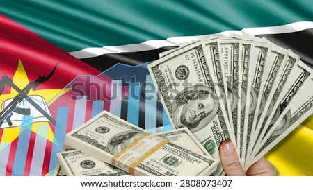 The financial relationship between the US dollar, the role of foreign currency, and Mozambique's development. The image includes a hand holding a dollar bill, the Mozambican flag, and a growth chart.