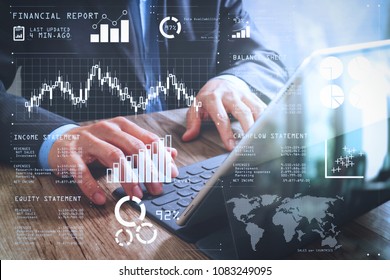 Financial report data of business operations (balance sheet and  income statement and diagram) as Fintech concept.success businessman hand working with digital tablet docking smart keyboard. - Shutterstock ID 1083249095