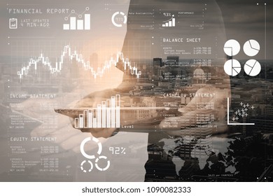 Financial Report Data Of Business Operations (balance Sheet And Income Statement And Diagram) As Fintech Concept.Double Exposure Of Success Businessman Using Digital Tablet With London Building.