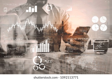 Financial report data of business operations (balance sheet and income statement and diagram) as Fintech concept.Double exposure of success businessman using smart phone,digital tablet. - Powered by Shutterstock