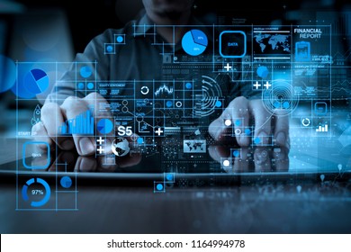 Financial report data of business operations (balance sheet and income statement and diagram) as Fintech concept.businessman hand working with modern technology digital tablet computer.