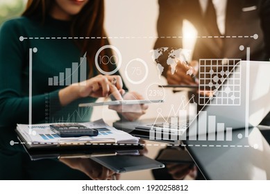 Financial Report Data Of Business Operations (balance Sheet And Income Statement And Diagram) As Fintech Concept.Business Team Meeting. Digital Tablet And Computer Laptop.