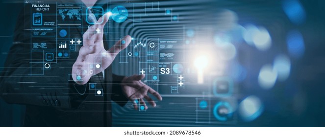 Financial Report Data Of Business Operations Balance Sheet And Income Statement And Diagram As Future Concept.businessman Hand Woring Modern Innovation Computer Dasboard.