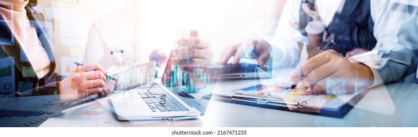 Financial Report Data Of Business Operations (balance Sheet And Income Statement And Diagram) As Fintech Concept.Business Team Meeting. Digital Tablet And Computer Laptop.