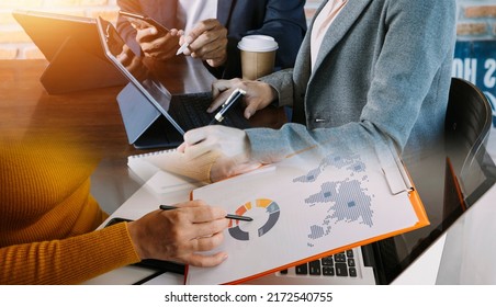 Financial Report Data Of Business Operations (balance Sheet And Income Statement And Diagram) As Fintech Concept.Business Team Meeting. Digital Tablet And Computer Laptop.