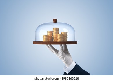 Financial services concept. Financial advisor or employee of the bank providing a loan represented by coins of money.