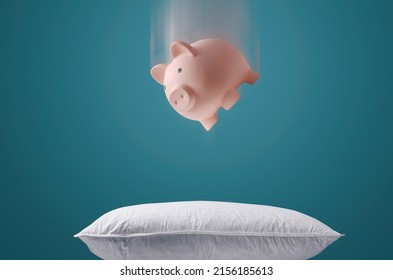 Financial services: how to protect your financial investments and savings, piggy bank falling on a soft pillow - Powered by Shutterstock