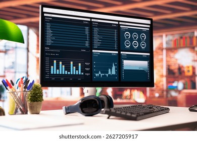 Financial software user interface on PC screen in apartment showing company growth graphs. Close up of accounting sales statistics on computer display showing economical figures and income