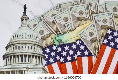 Financial A Stimulus Bill Individual Checks From Government US 100 Dollar Bills Currency On American Flag Global Pandemic Covid 19 Lockdown