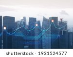 Financial stock chart hologram over panorama city view of Singapore, business center in Asia. The concept of international transactions. Double exposure.