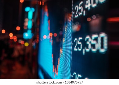 Financial Stock Exchange Market Display Screen Board On The Street, Selective Focus