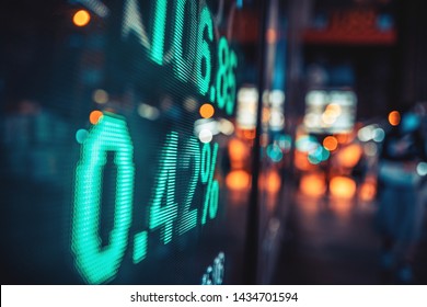 Financial Stock Exchange Market Display Screen Board On The Street, Selective Focus

