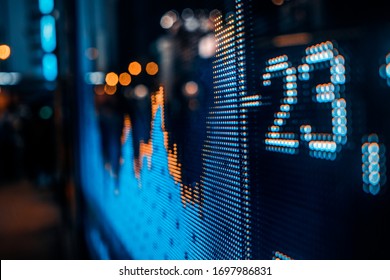 Financial Stock Exchange Market Display Screen Board On The Street, Selective Focus