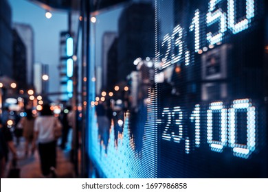 Financial Stock Exchange Market Display Screen Board On The Street, Selective Focus