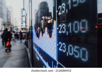 Financial Stock Exchange Market Display Screen Board On The Street, Selective Focus