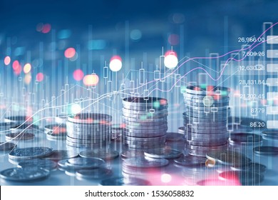 Financial stock market graph and rows of coins growth, abstract and symbol for finance concept, business investment and currency exchange, on blue background. 