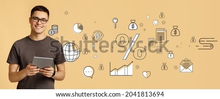 Financial strategies, budget planning, money savings, online banking. Happy young guy with tablet pc smiling at camera on beige studio background with business related icons. Panorama with free space