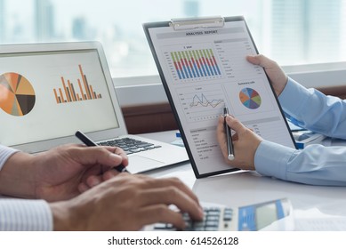 Financial Team Analyze Data In Report And Consult For Assessment And Evaluation Performance. Business Team  Meeting Concept. 