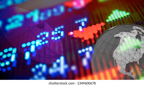 Financial and Technical Data Analysis Graph with world map and satellite dish, Data, Big Data, Chart, Graph, Stock Market Data and technology