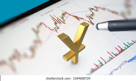 Financial and Technical Data Analysis Graph, tablet pen showing some data close up with 3D render yen yuan symbol