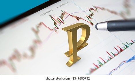 Financial and Technical Data Analysis Graph, tablet pen showing some data close up with 3D render ruble symbol