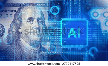 Financial technology, artificial intelligence chip and US dollar banknote symbolize AI investment, digital economy and fintech innovation