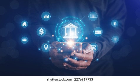 Financial technology concept, Businessman using mobile phone for online banking and payment, Digital marketing, Finance and banking network, Shopping, Trading in online networks around the world.