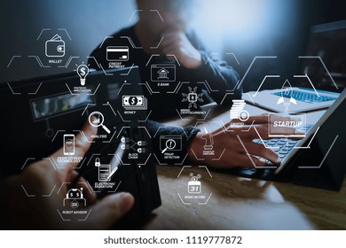 Financial technology flowchart and basic income mining cryptocurrency with blockchain startup unicorn crypto money virtual diagram.StartUp Programming Team.