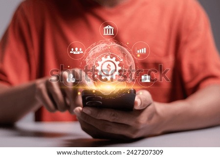 Financial technology, online banking. person use smartphone with Fintech icon on virtual screen. Business investment banking payment technology.