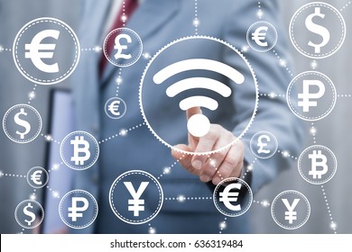 Financial technology trade market wireless communication connection business information concept, Businessman touched wifi icon on virtual screen. Fintech. Finance money network trading exchange.
