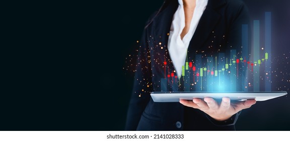 Financial Trading.Stock Market.Business Trader Or Broker Woman Holding Tablet With Report Graph Increase.Crypto Currency Trader App.Digital Analyzing Sales Data And Economic Growth Graph Chart.Forex.