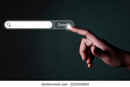 Find Data Network Ideas With Copy Space. Business People Use Keywords To Enter Data By Hand And Click To Touch The Computer Screen Virtual Internet Search Page On A Dark Background