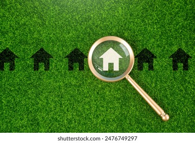 Find a home to buy search by address. House and magnifying glass. Take a mortgage. Investments in immovable assets. Property Inspection. Searching for real estate to buy.