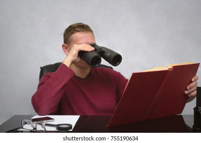 Find And Search. Young Student Looking Through Binoculars In Open Book. Young Business Man Looking For Some Information. Search Of Information.