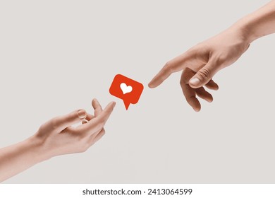 Find your perfect match, connect with someone special. Human hands reaching heart icon. Social popularity, dating agency, marketing. Concept of social media, influencer, blog, dating, app.