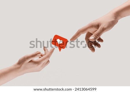Find your perfect match, connect with someone special. Human hands reaching heart icon. Social popularity, dating agency, marketing. Concept of social media, influencer, blog, dating, app.