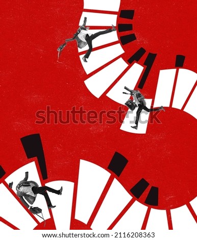 Find your style. Contemporary art collage with man without head in suit walking along piano keys isolated over red background. Song and music of unknown writer. Concept of creativity, inspiration